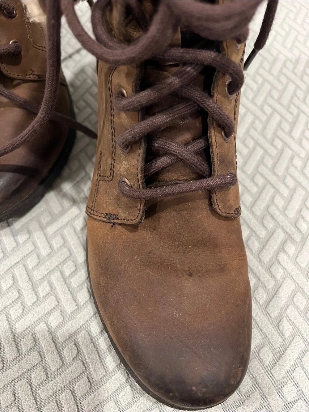 UGG Brown Wedge Lace-Up Ankle Boots with Cream Sherpa Cuff